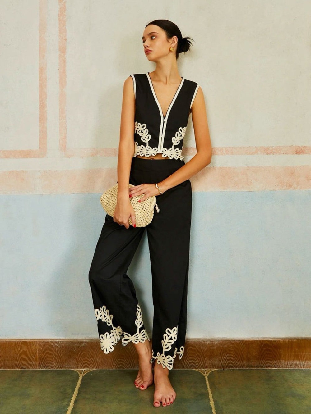 Commense Black and Cream Embroidered Cropped Jumpsuit